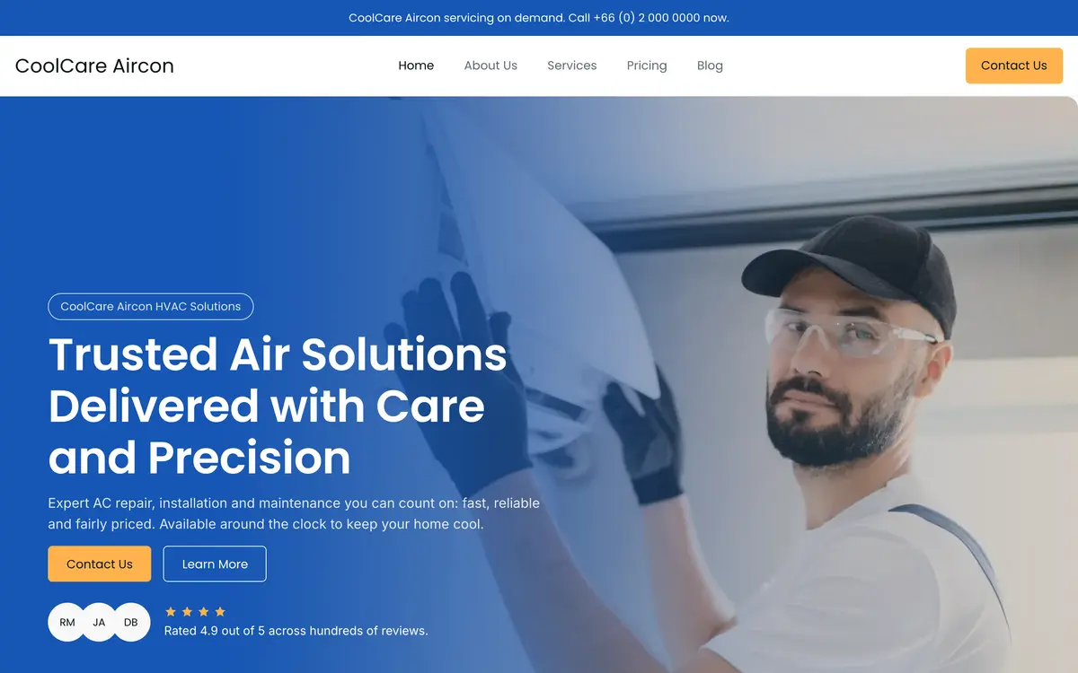 CoolCare Aircon หน้าจอแรกของเว็บไซต์