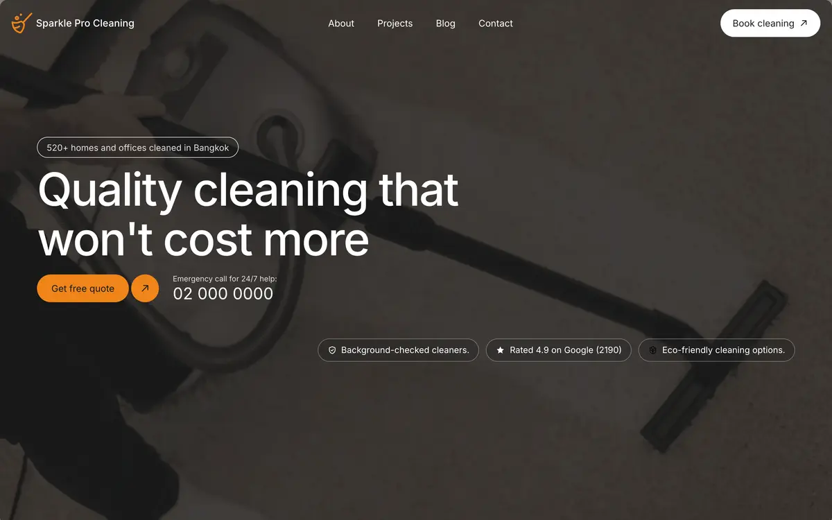 Sparkle Pro Cleaning หน้าจอแรกของเว็บไซต์