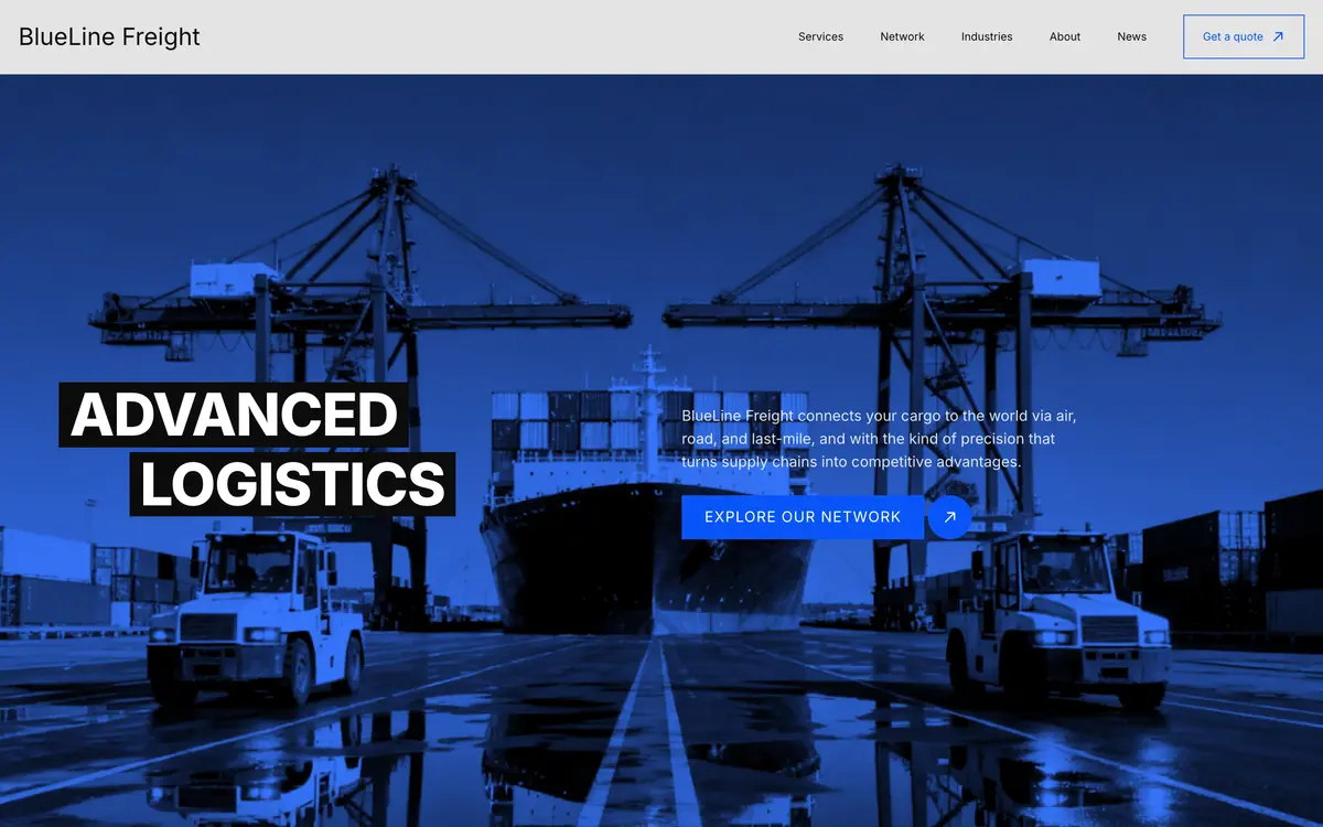 BlueLine Freight หน้าจอแรกของเว็บไซต์