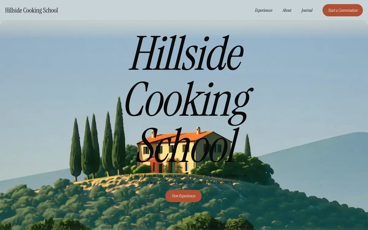 Hillside Cooking School หน้าจอแรกของเว็บไซต์