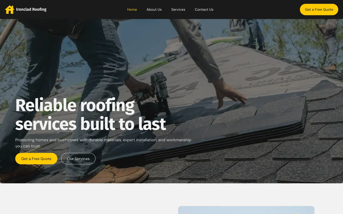 Ironclad Roofing หน้าจอแรกของเว็บไซต์