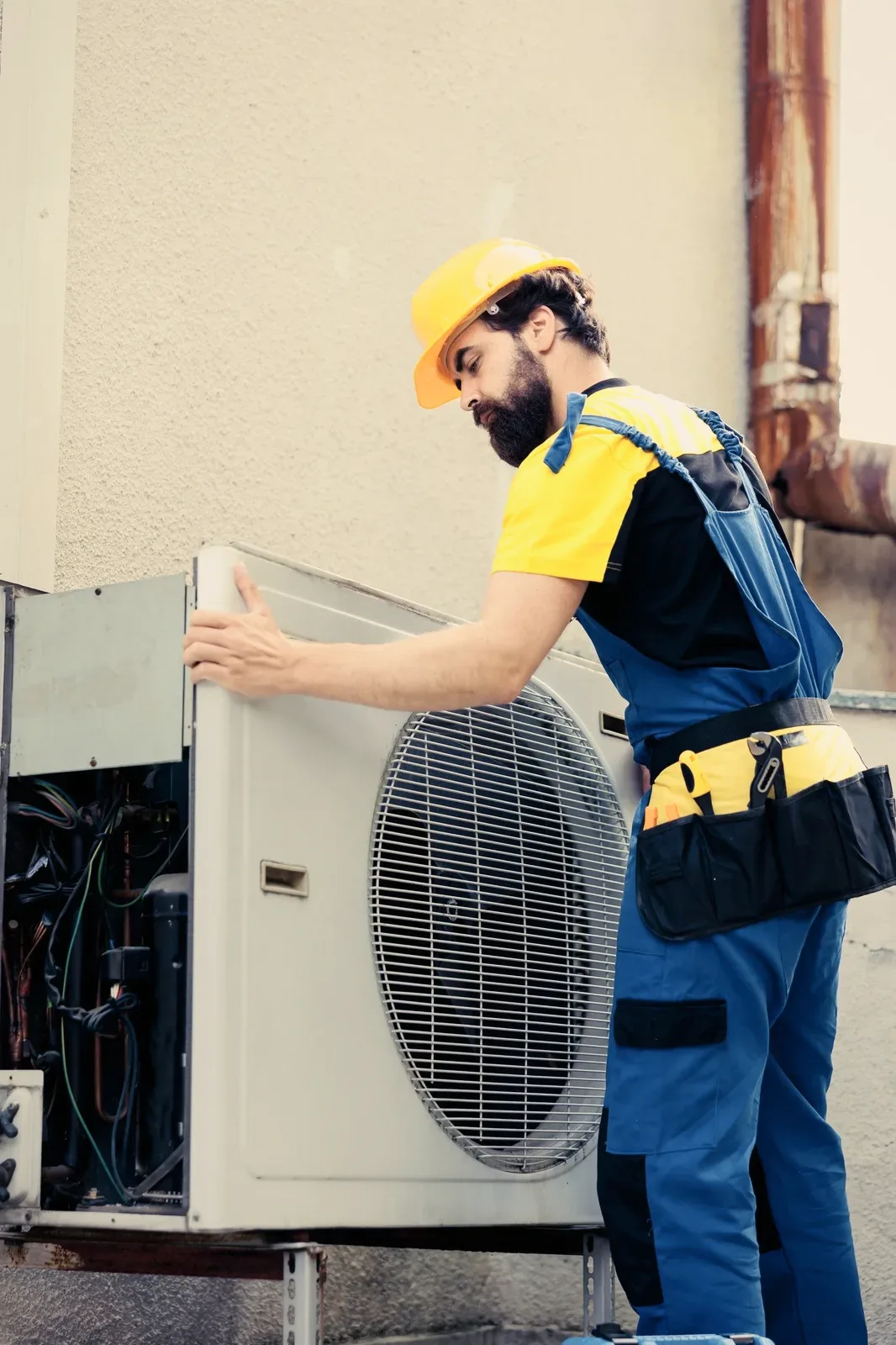 A technician in a yellow helmet lifting an outdoor unit.
