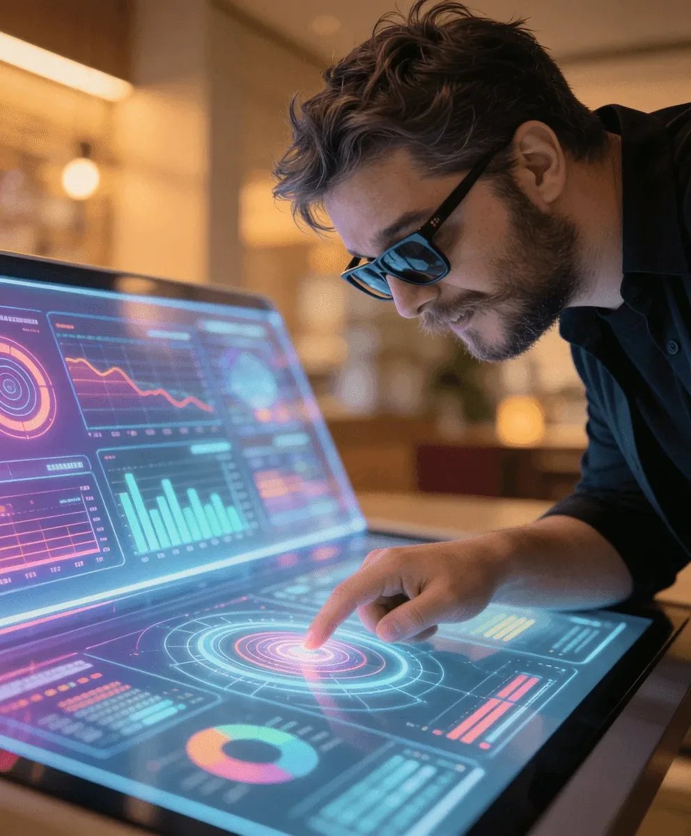 A person at a laptop showing charts.