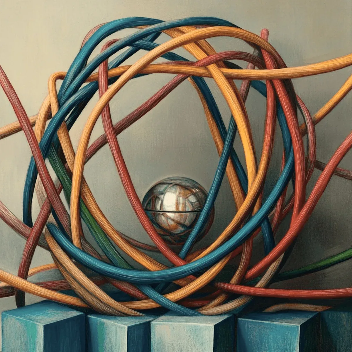 A knot of coloured cables around a steel ball.