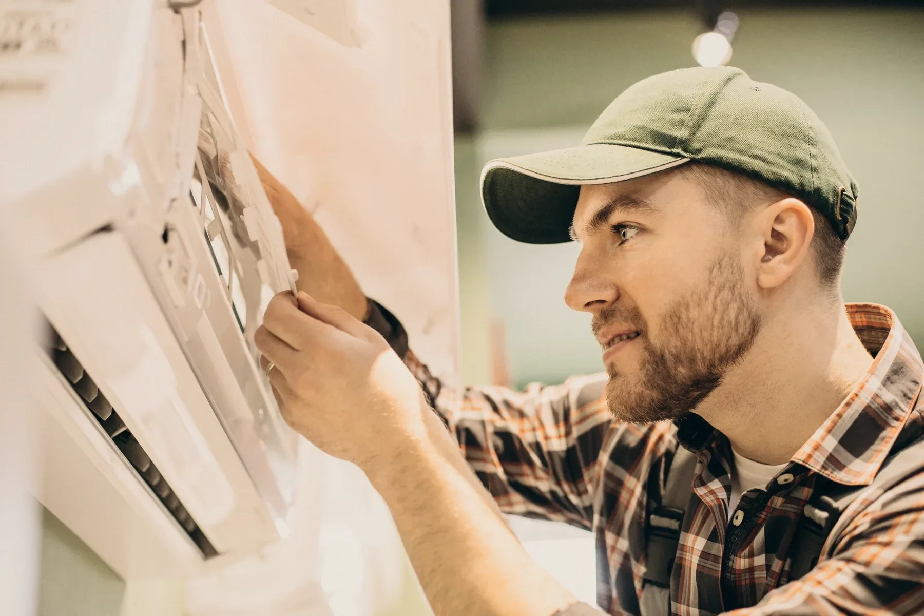 A technician in a green cap fixing a wall unit.