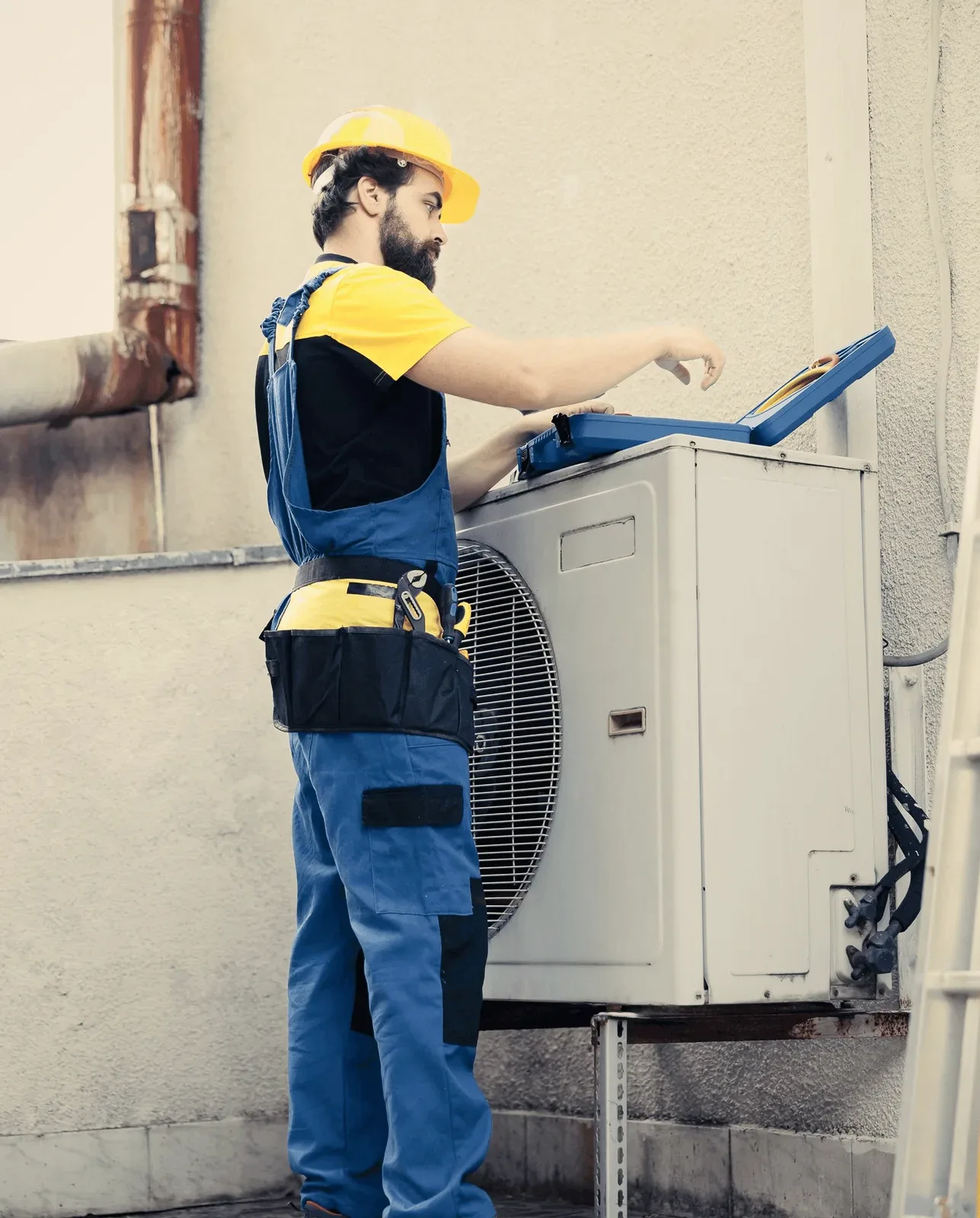 A technician in a yellow helmet opening an outdoor unit.