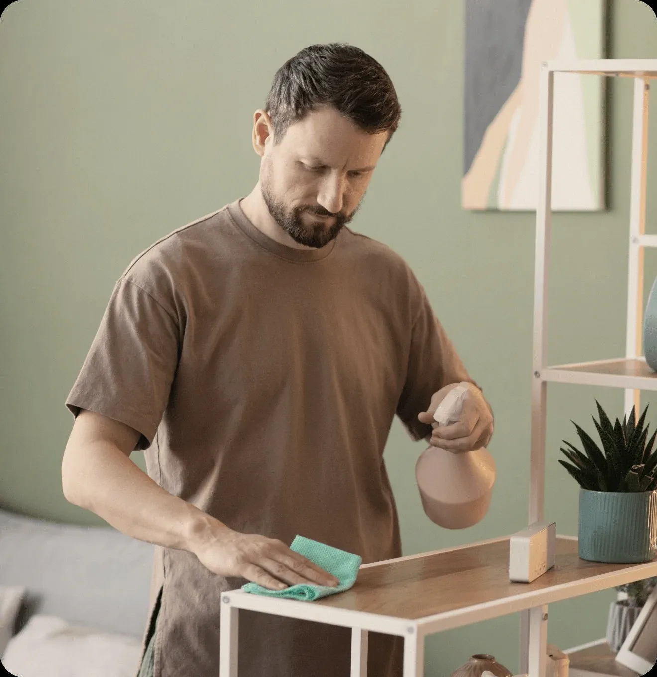 A man dusting a shelf beside a plant.