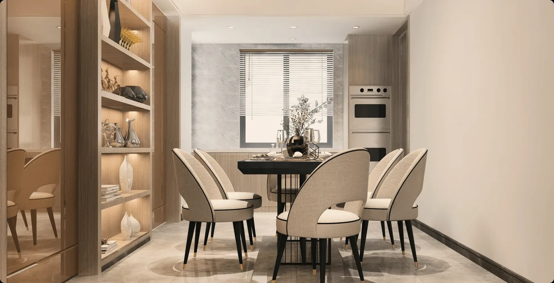 A dining room with cream chairs and a wooden shelf.