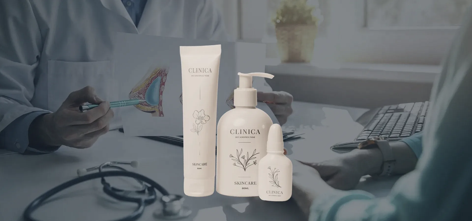 Three white skincare bottles over a consultation desk under a navy tint.