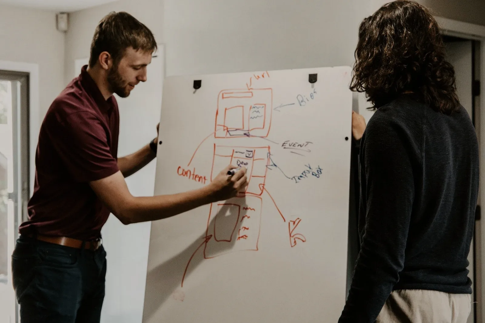 Two people sketching a plan on a whiteboard.