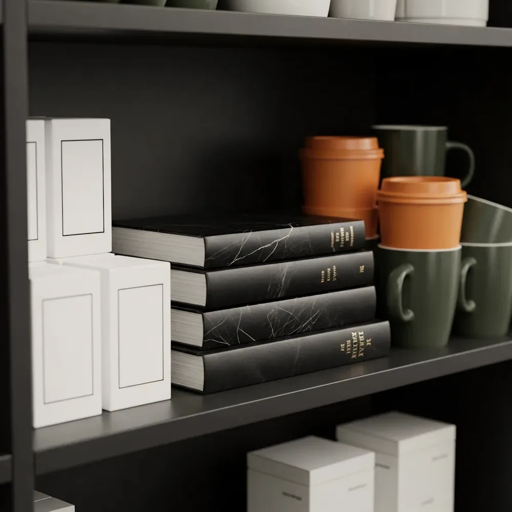 Shelves with jars, books and boxes.