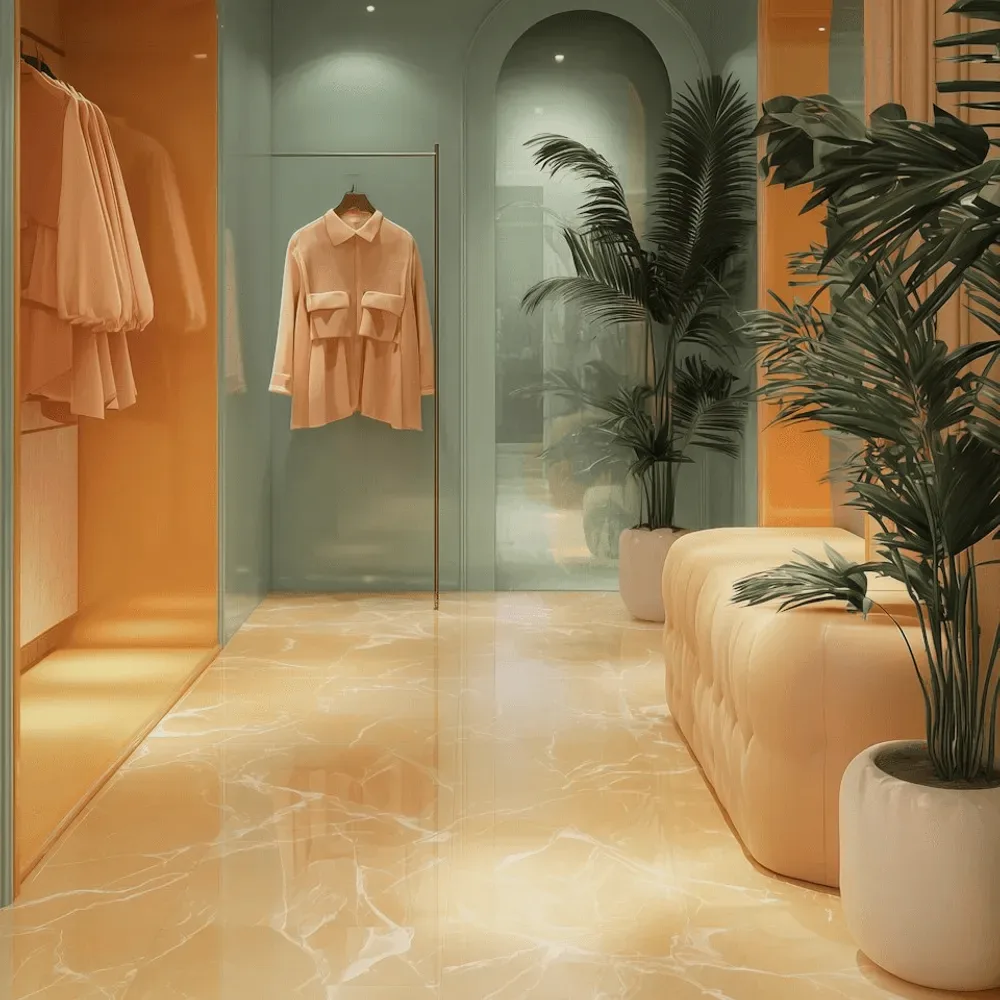 A green interior with a hanging garment.