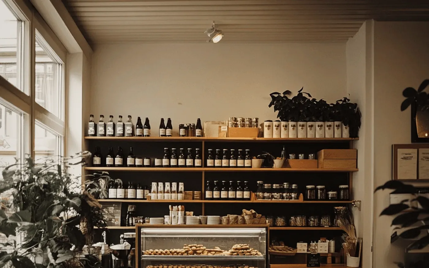 A cafe counter with shelves of jars.