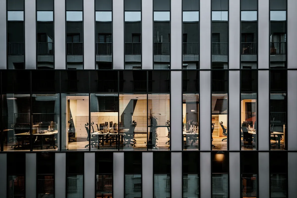 A glass office building.