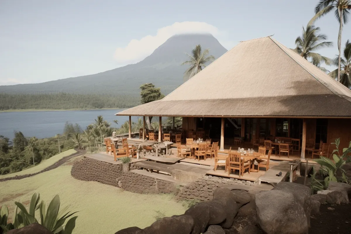 A resort terrace by a lake and a volcano.