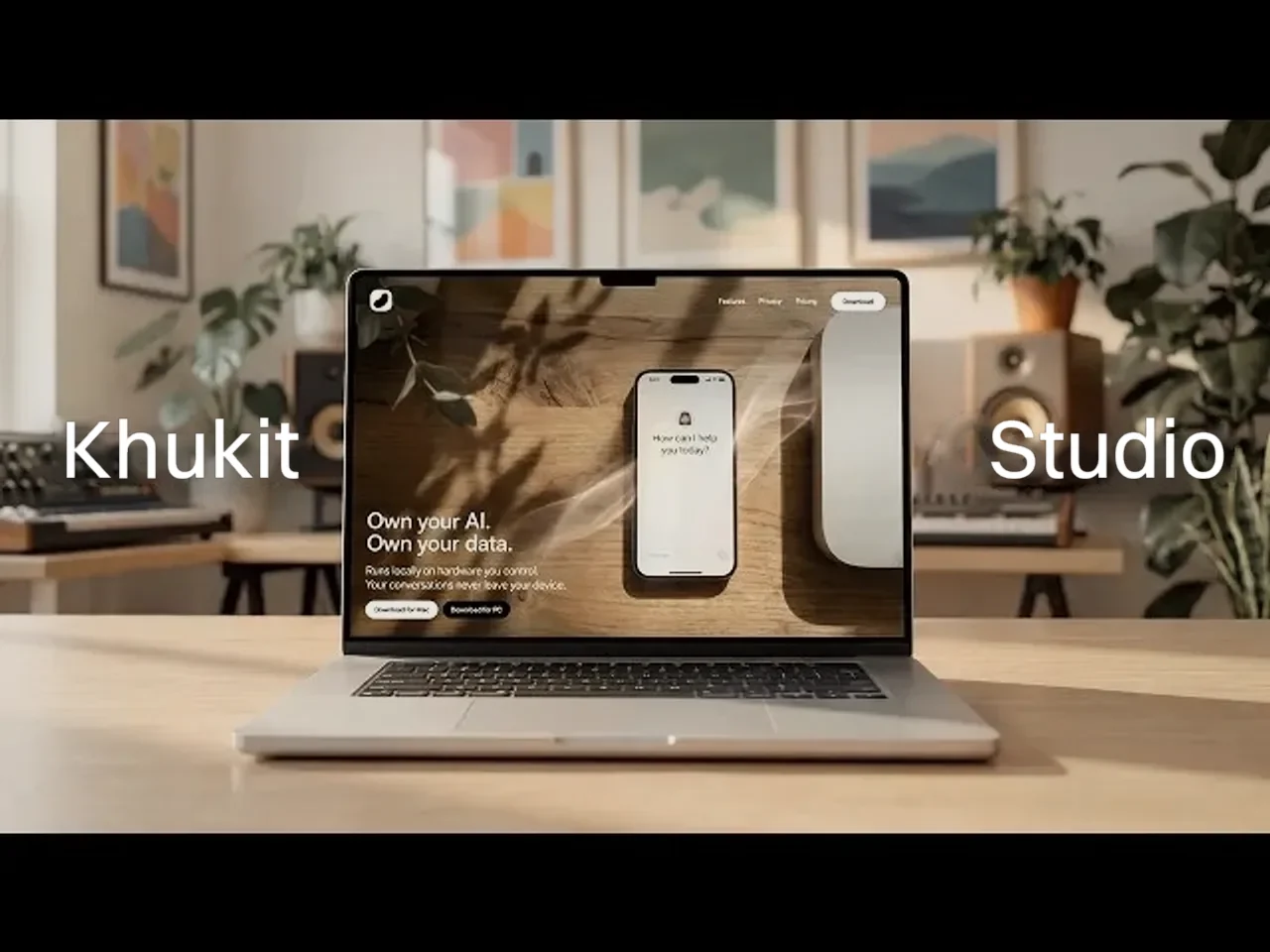 A laptop on a desk showing a website, plants behind it.