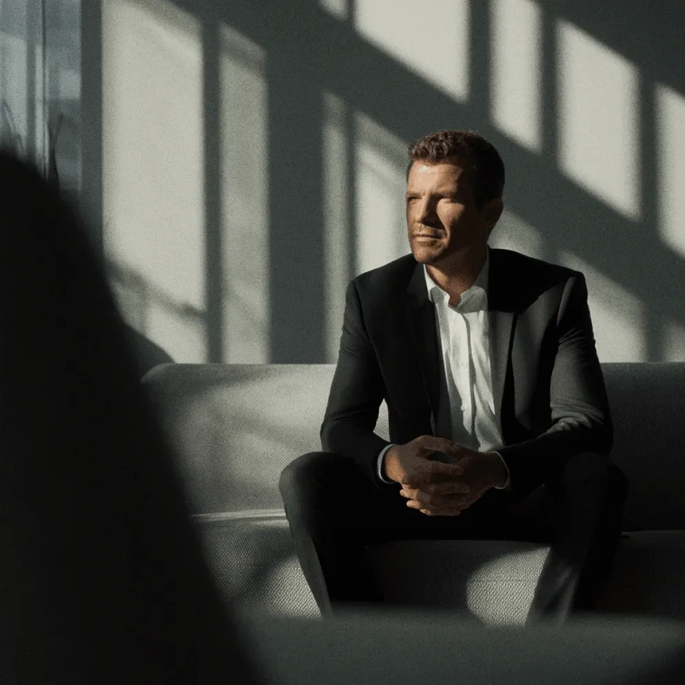 A man in a black jacket seated by a window.