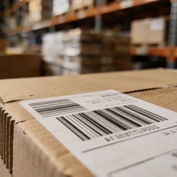 A barcode on a shelf of parcels.