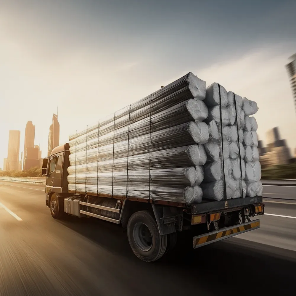 A lorry carrying pipes past a city.