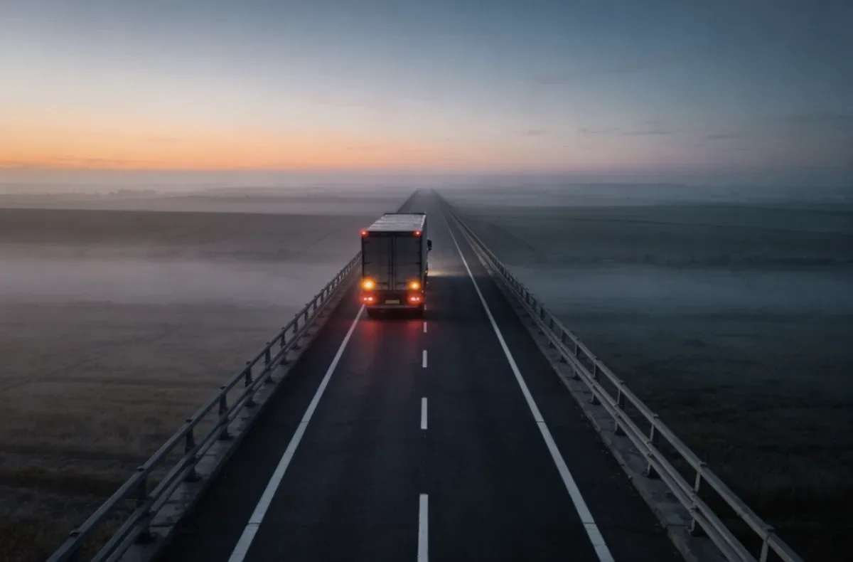 A lorry on a road at dusk.