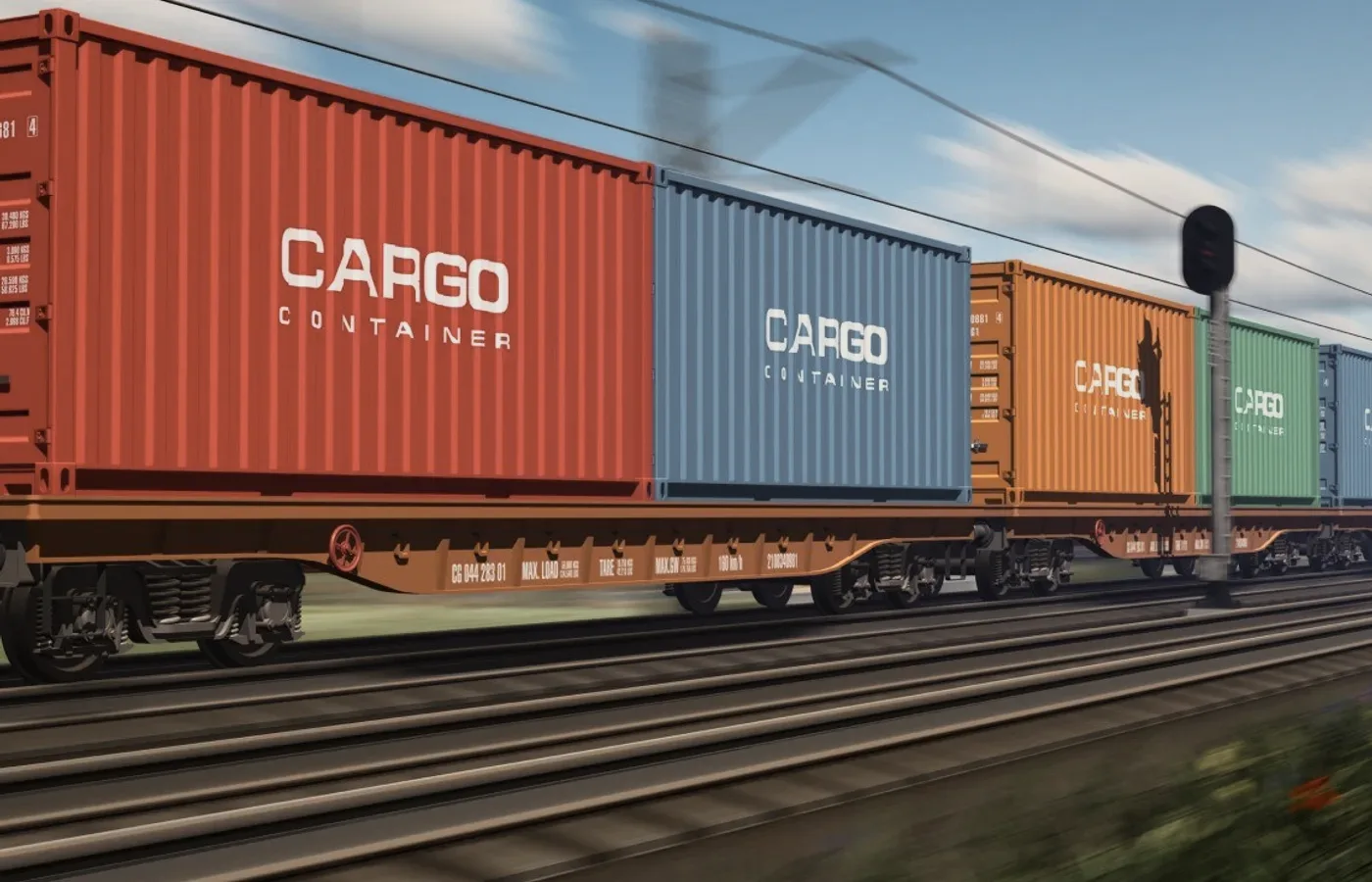 A cargo train of coloured containers.
