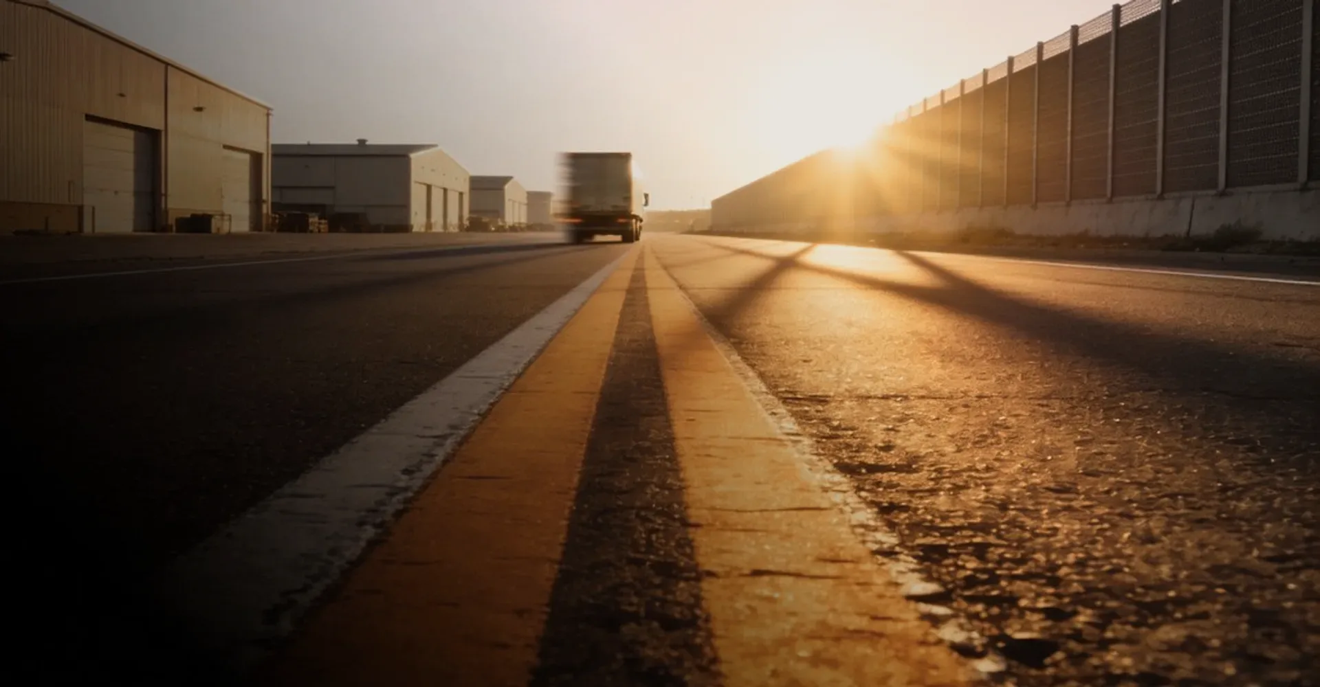 A lorry on a road at sunrise beside warehouses.