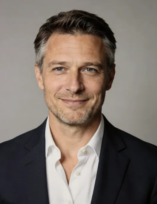 A man in a navy blazer.