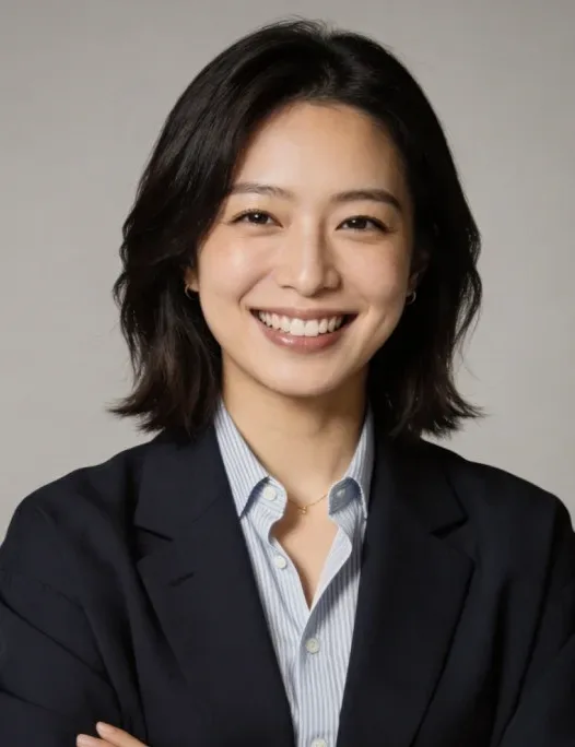 A woman in a navy jacket and striped shirt.