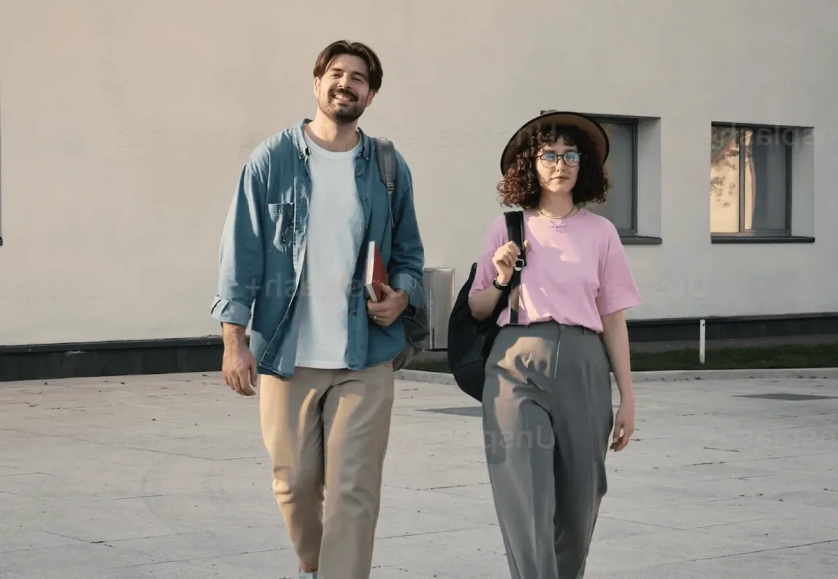 Two students walking with books.