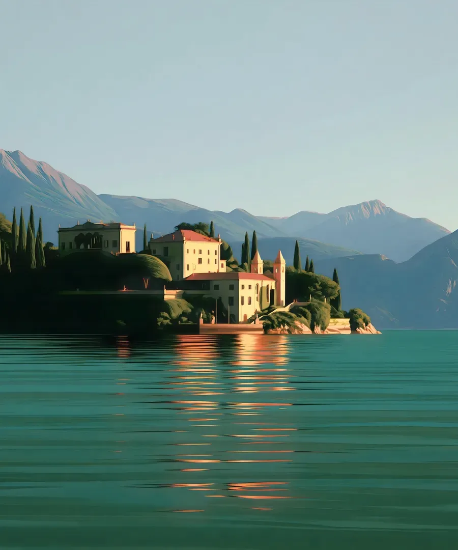 A lakeside town under mountains.