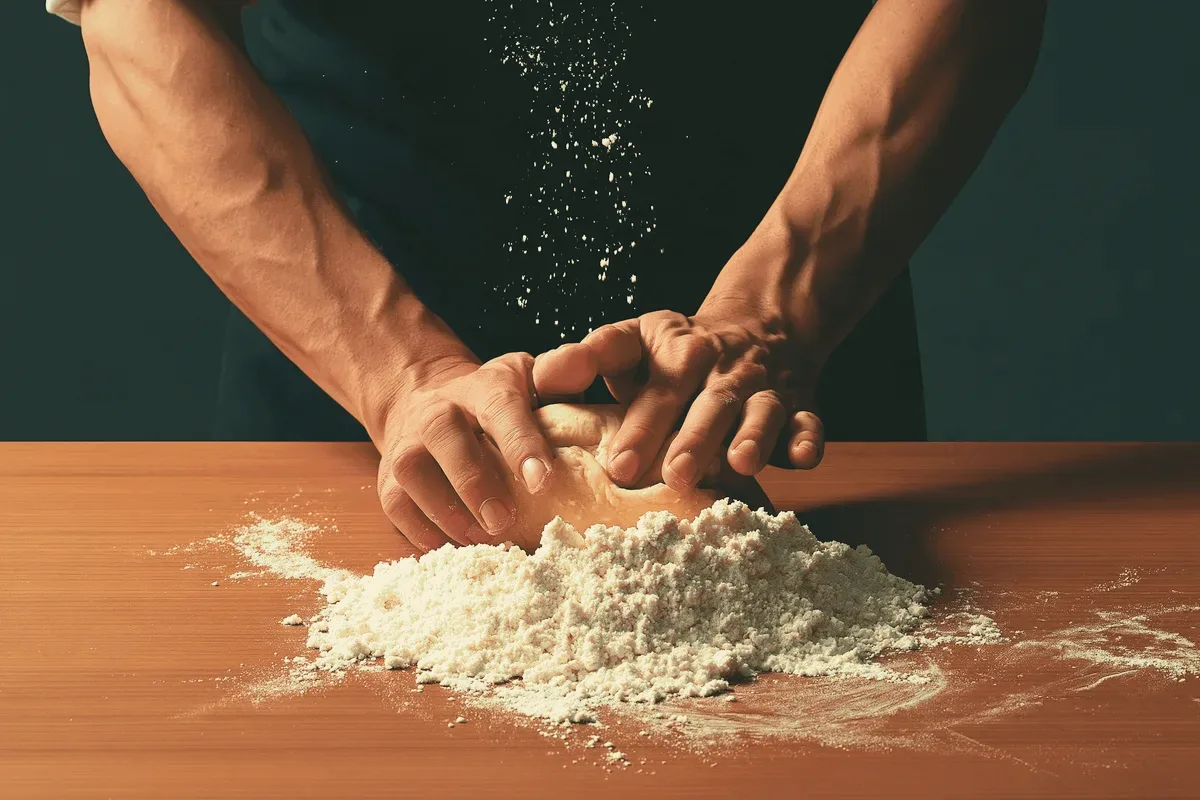 Two hands kneading dough on a floured board.