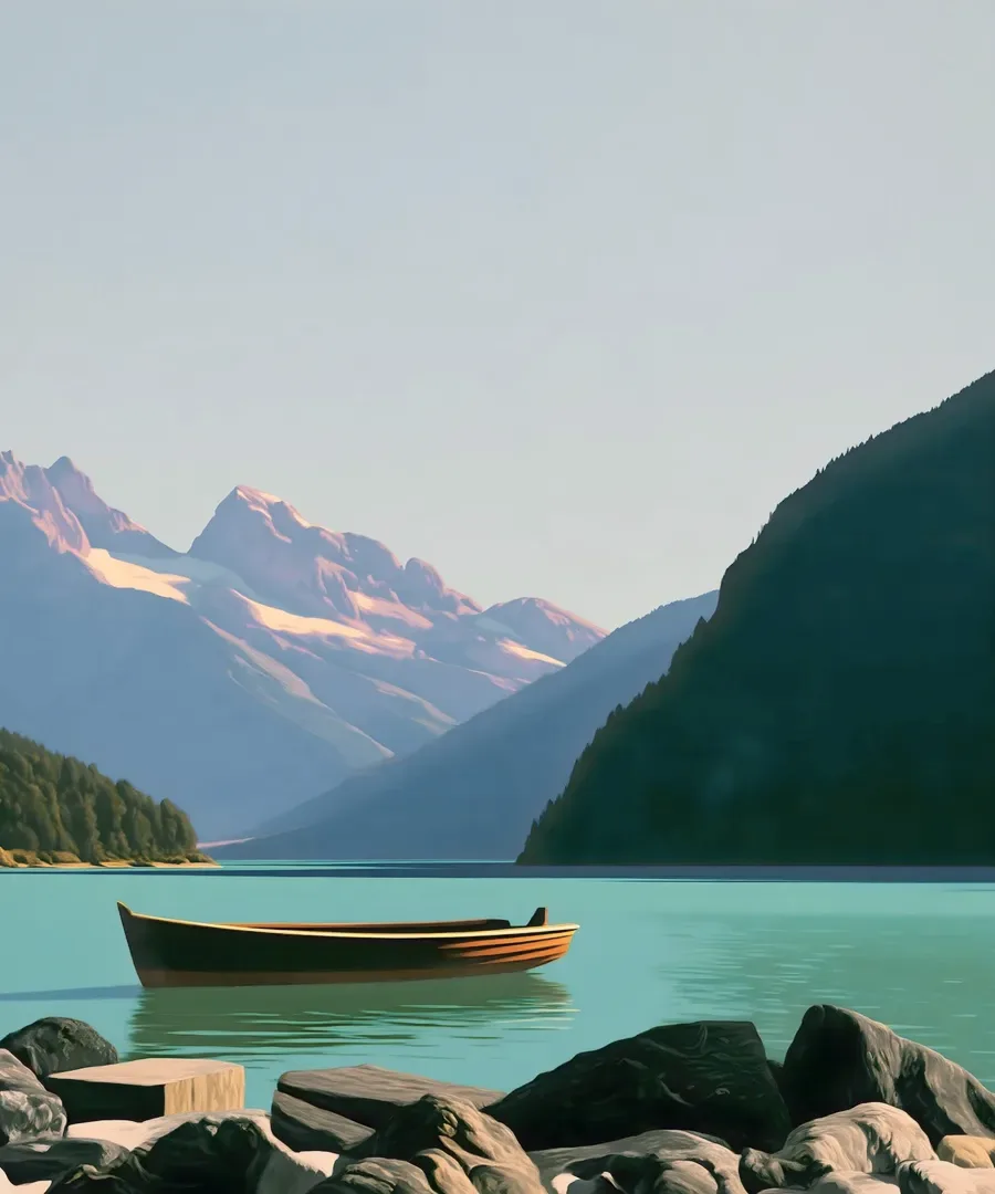 A lake under snowy peaks.