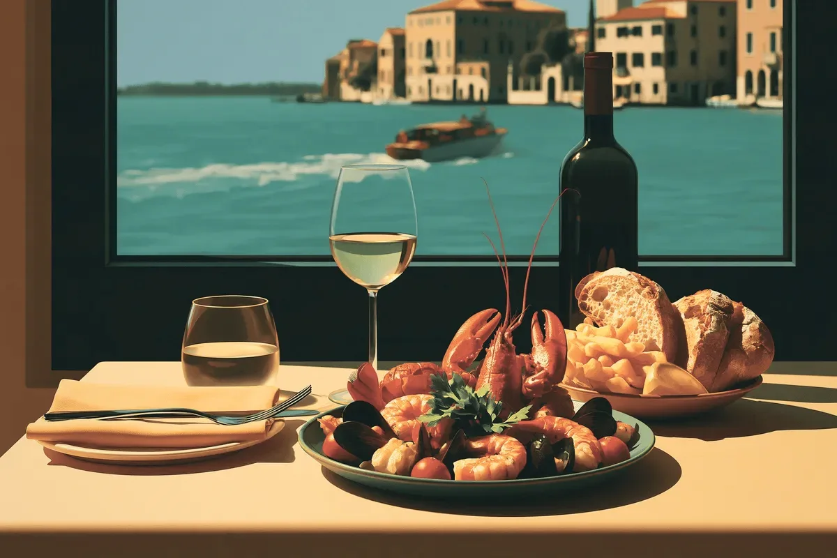 A table of food by a window on the water.