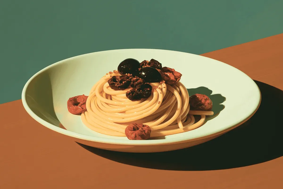 A plate of pasta with tomatoes.