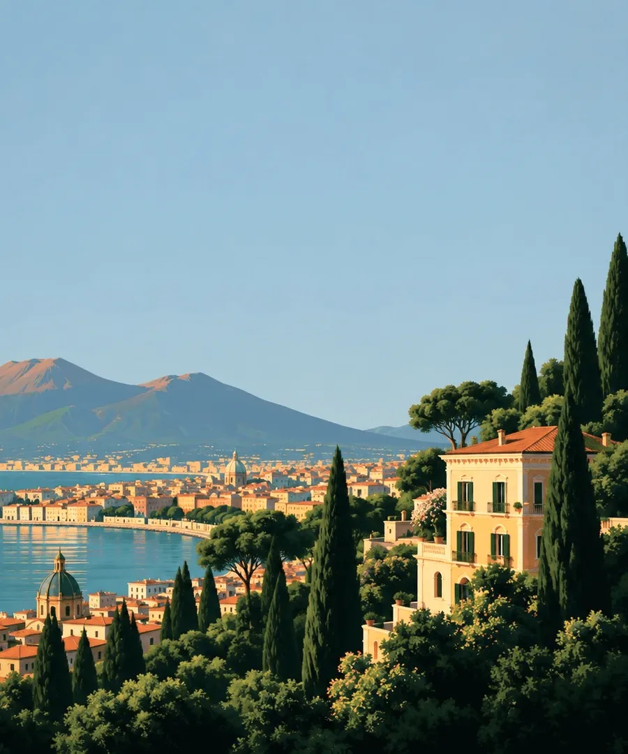 A bay with a volcano beyond the town.