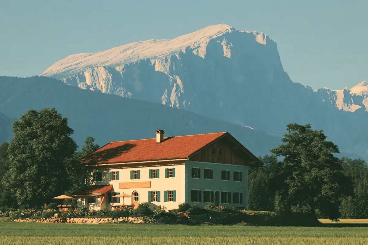 A farmhouse with a red roof under a snowy mountain.