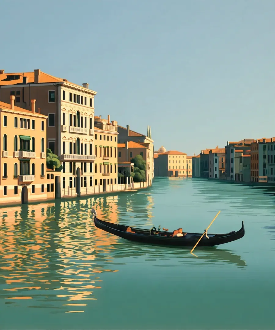 A canal with a gondola between painted houses.
