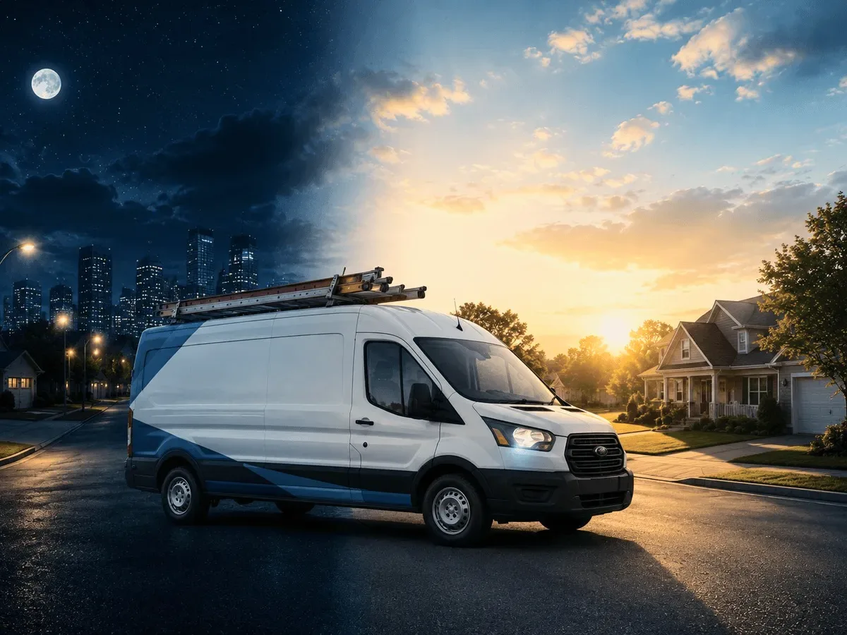 A service van at night, its lights on.