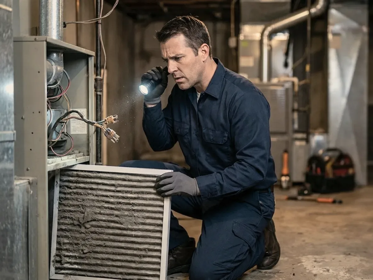 A technician with a torch at a furnace.