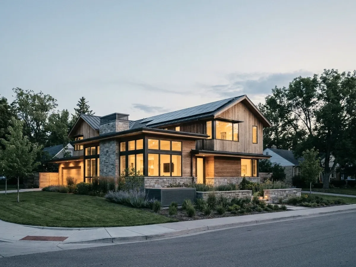 A house at dusk with its lights on.