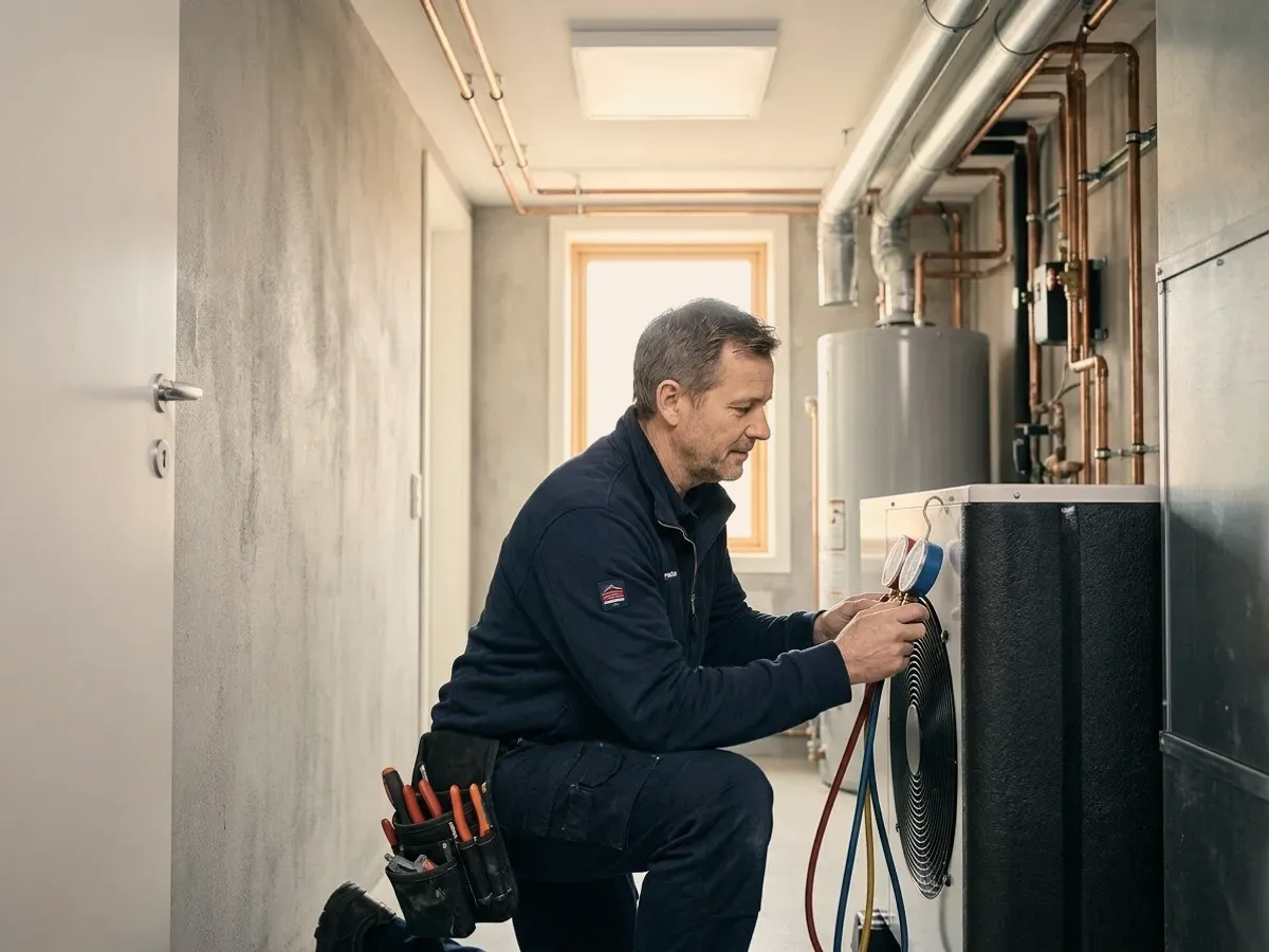 A technician at a water heater.