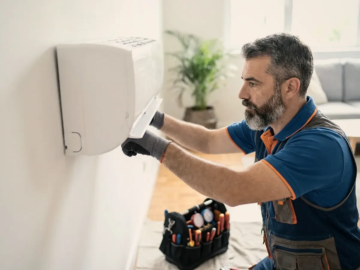 A technician in blue fitting a wall unit outside.