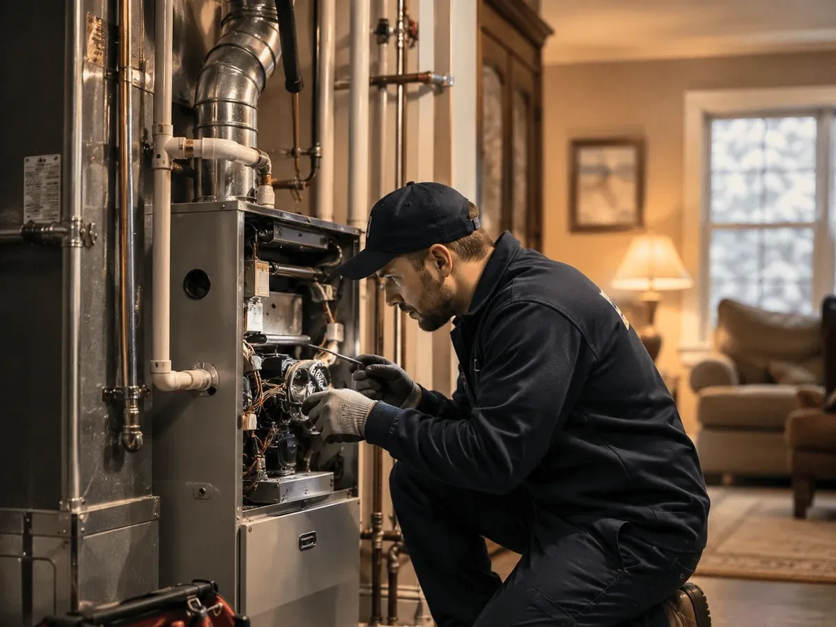 A technician kneeling at a furnace in a lamp-lit room.