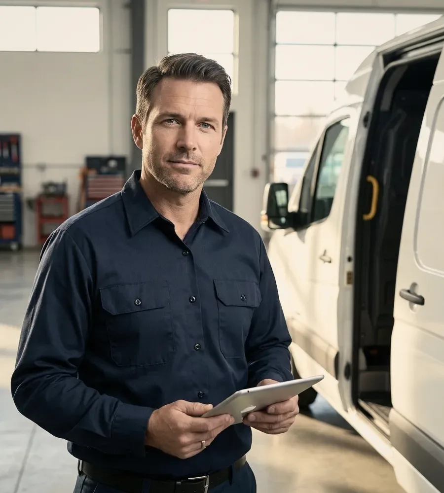 A technician with a tablet by a van.