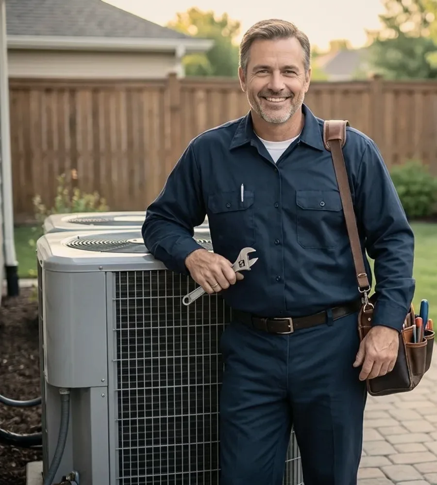 A technician with a toolbag on a lawn.