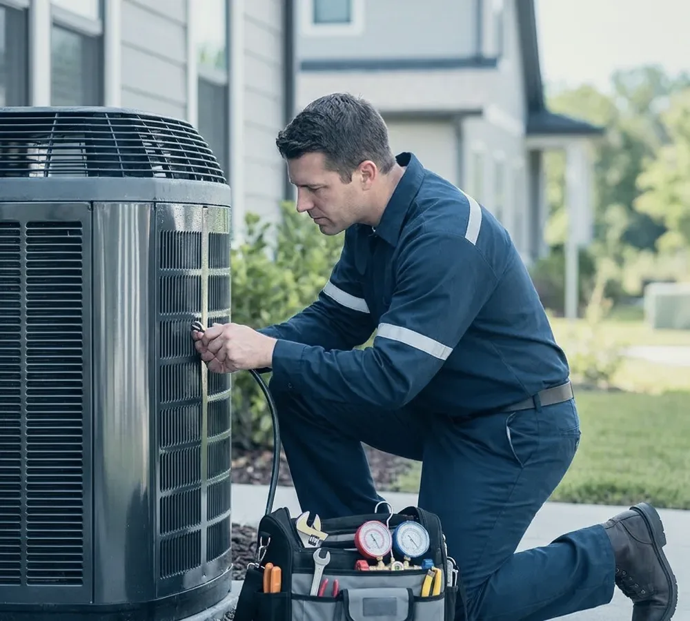 A technician kneeling at an outdoor unit.