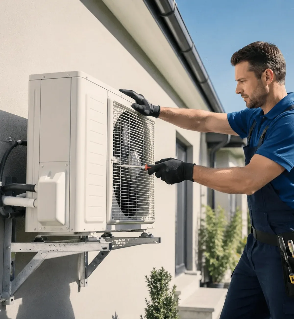 A technician in blue at an outdoor unit by a wall.