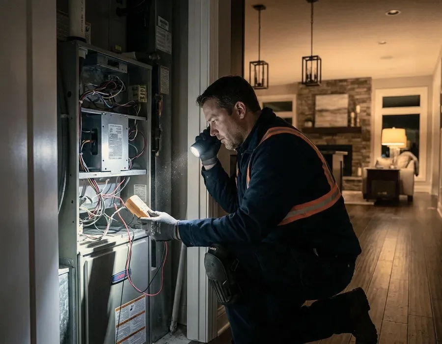 A technician with a torch at a panel in a dark hall.