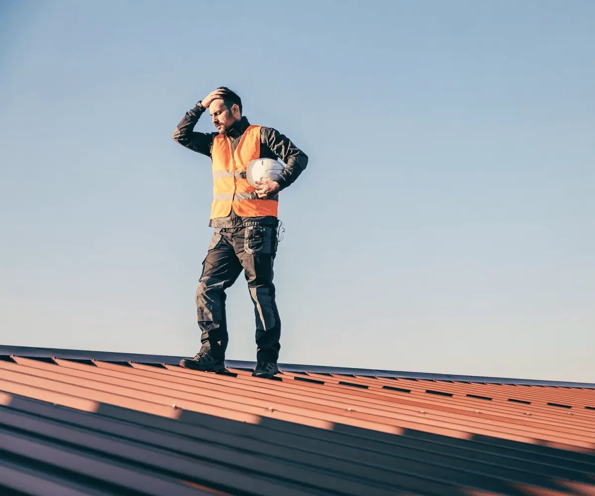 A roofer on a red roof against the sky.