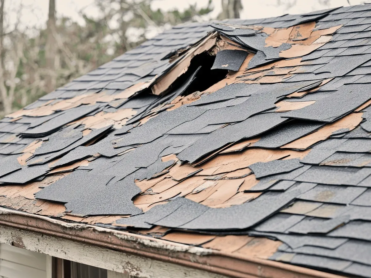 Torn shingles after a storm.